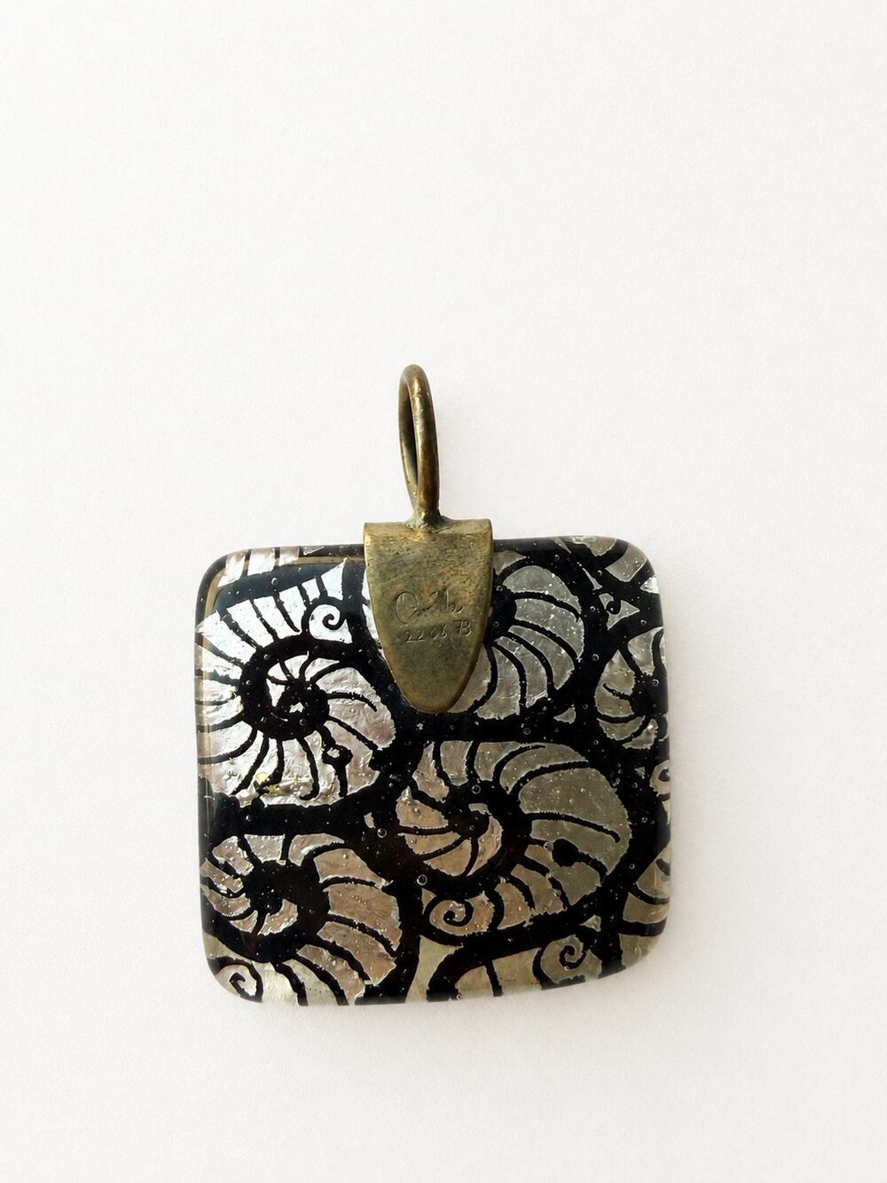 Vintage Signed Paride Venetian Art Glass Shell Pendant Square Black Silver Beach